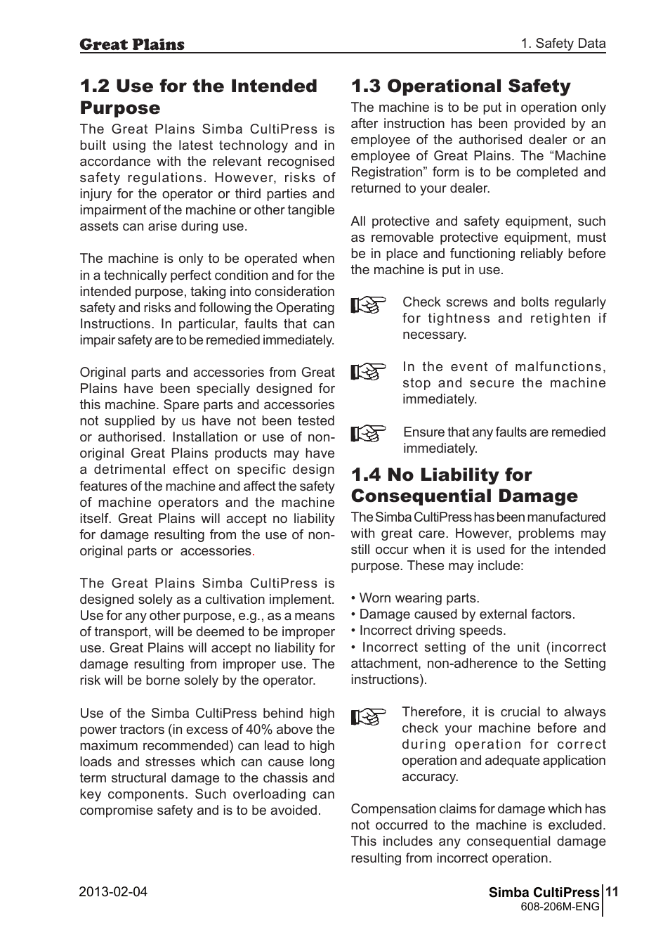 3 operational safety, 4 no liability for consequential damage, 2 use for the intended purpose | Great Plains Simba Culti Press Operator Manual User Manual | Page 11 / 38