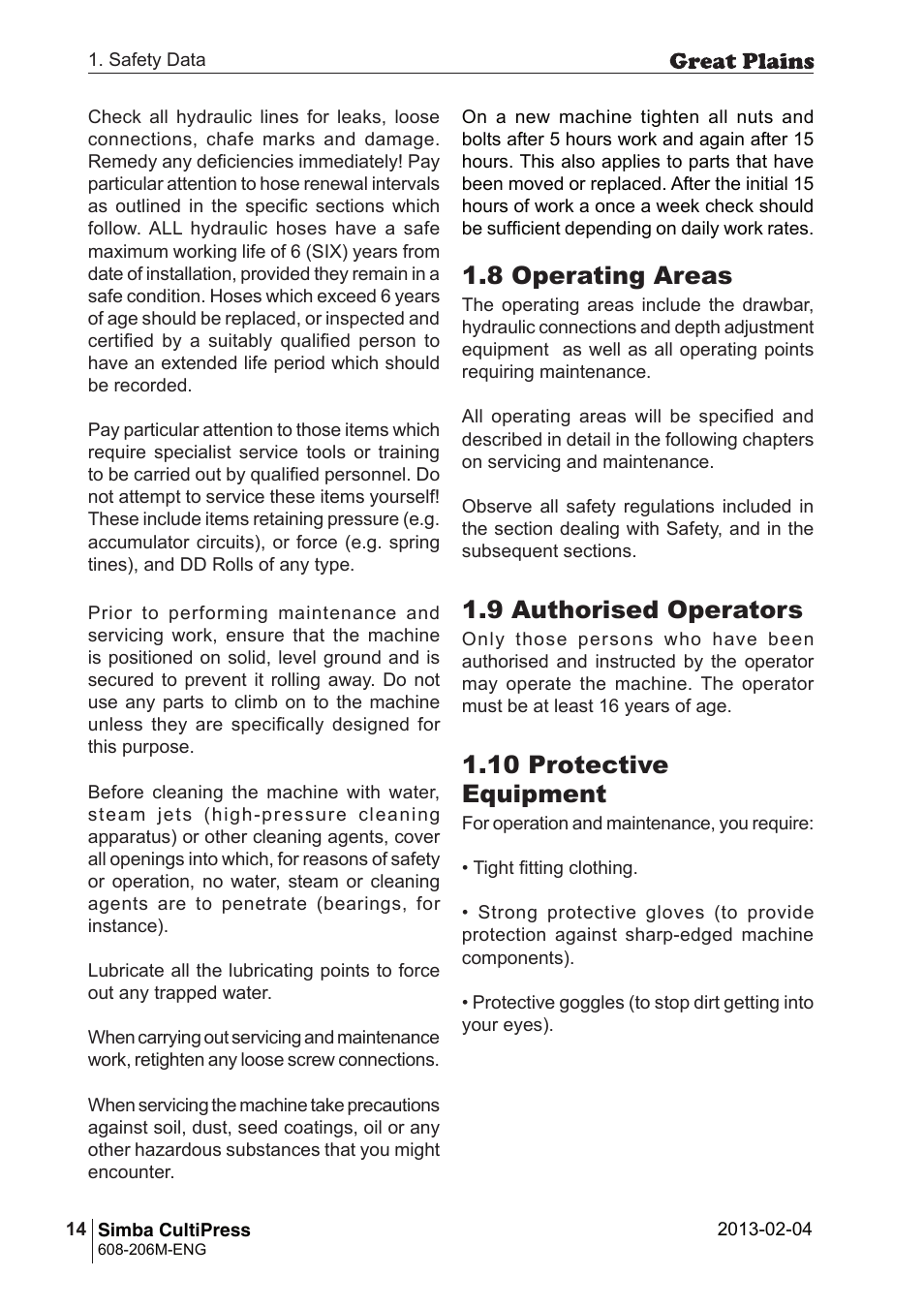 8 operating areas, 9 authorised operators, 10 protective equipment | Great Plains Simba Culti Press Operator Manual User Manual | Page 14 / 38