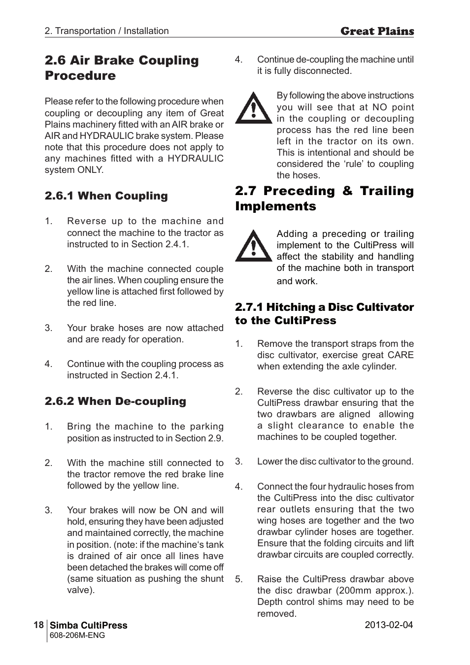 7 preceding & trailing implements, 6 air brake coupling procedure | Great Plains Simba Culti Press Operator Manual User Manual | Page 18 / 38