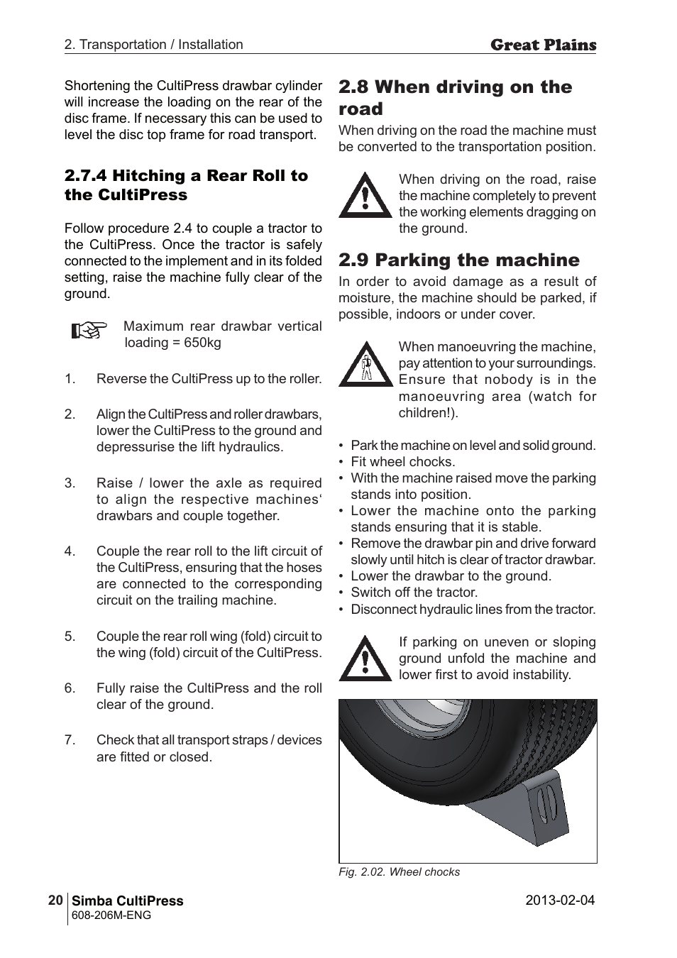 9 parking the machine, 8 when driving on the road | Great Plains Simba Culti Press Operator Manual User Manual | Page 20 / 38