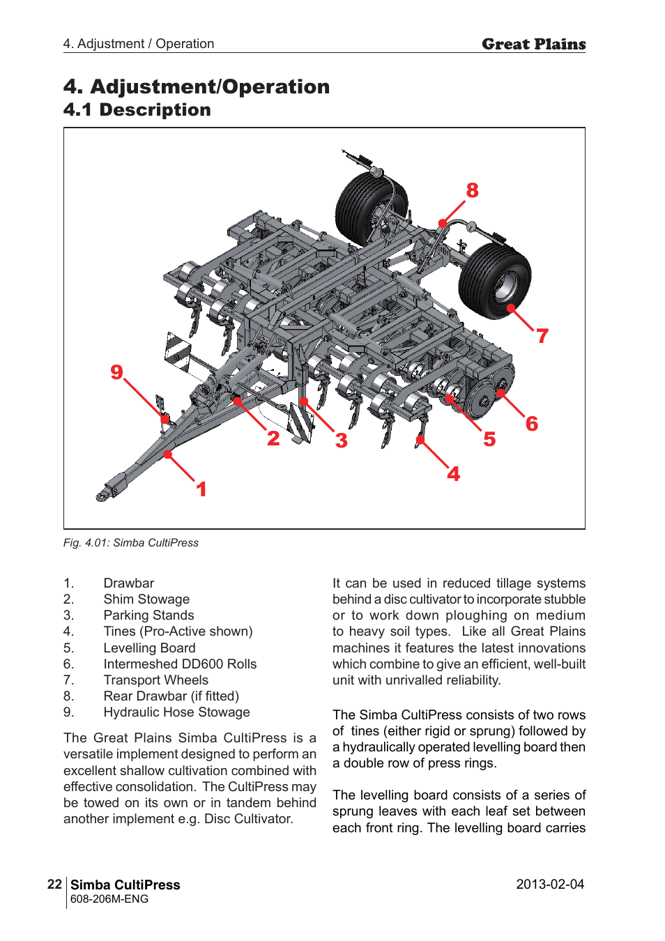Adjustment/operation, 1 description | Great Plains Simba Culti Press Operator Manual User Manual | Page 22 / 38