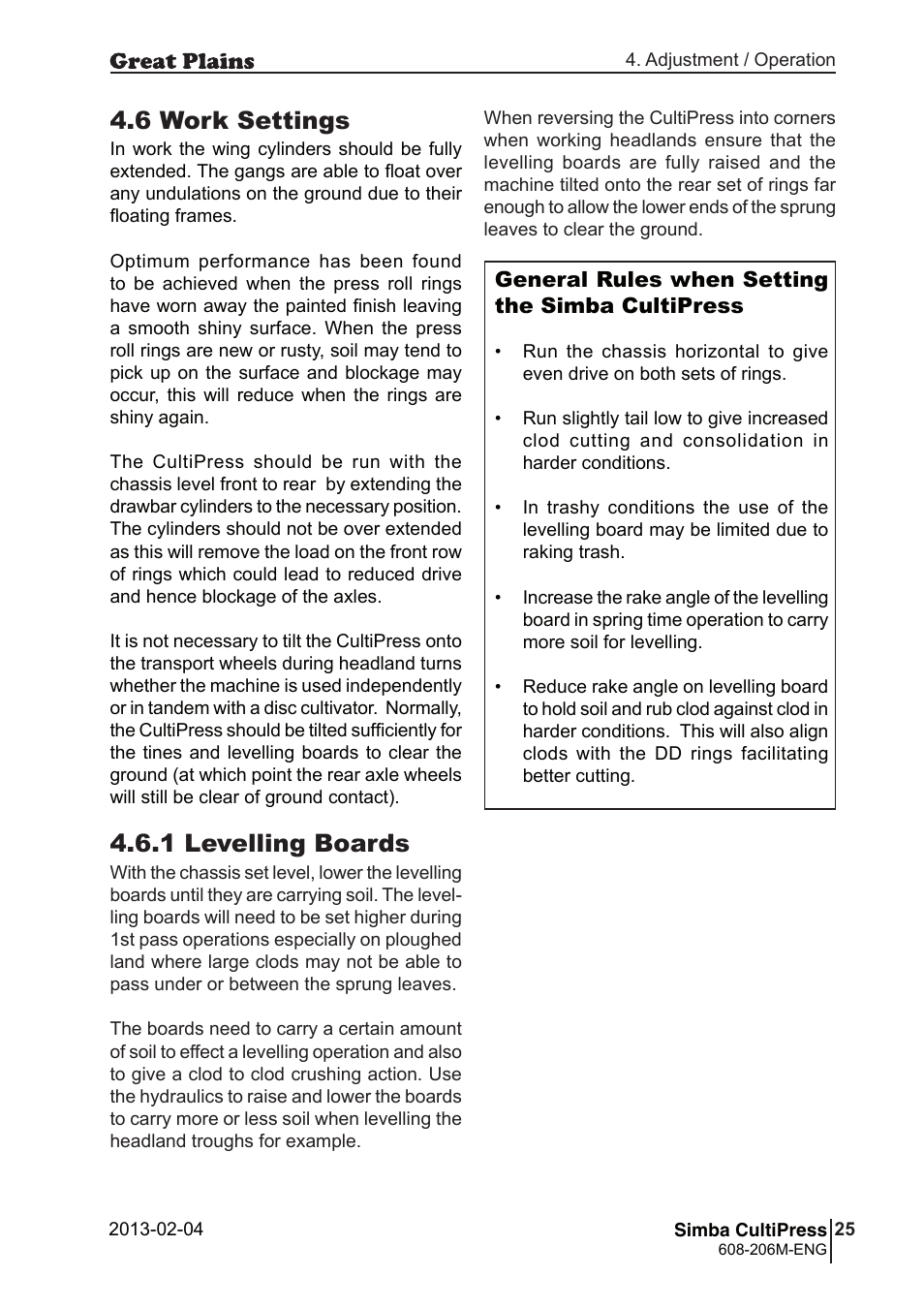 6 work settings, 1 levelling boards | Great Plains Simba Culti Press Operator Manual User Manual | Page 25 / 38