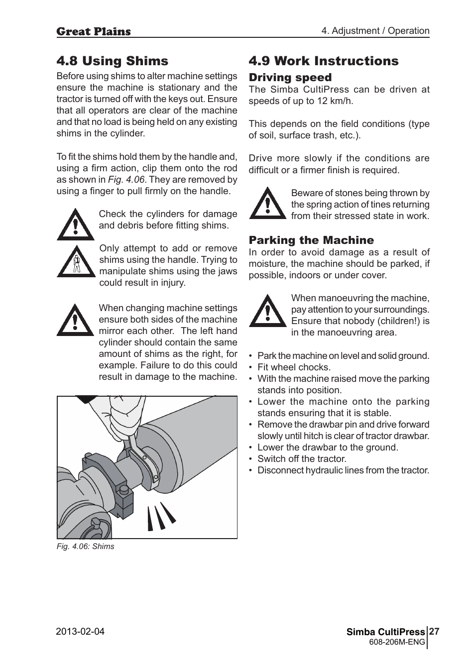 8 using shims, 9 work instructions | Great Plains Simba Culti Press Operator Manual User Manual | Page 27 / 38
