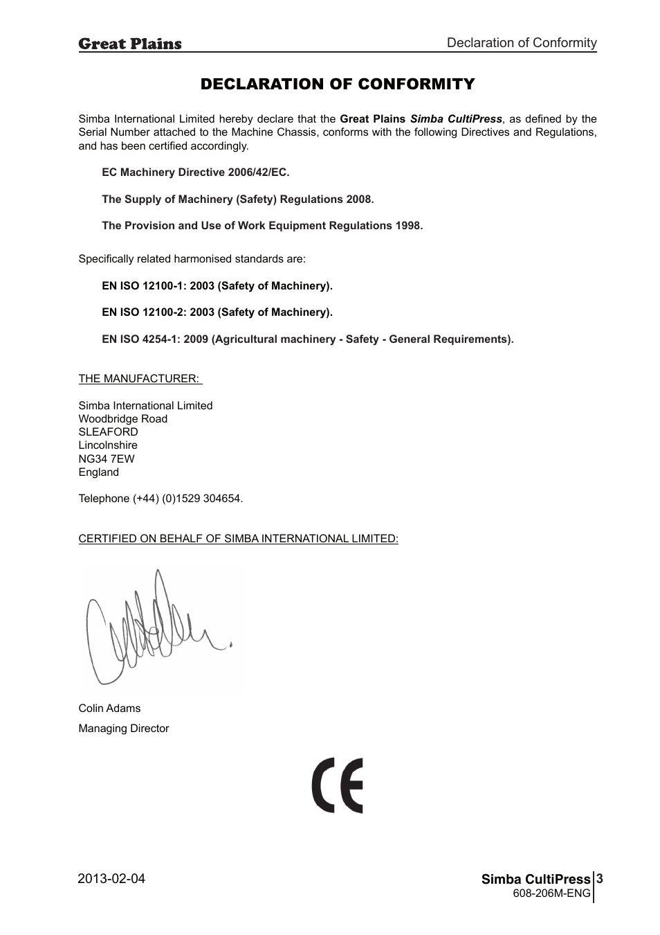 Declaration of conformity | Great Plains Simba Culti Press Operator Manual User Manual | Page 3 / 38
