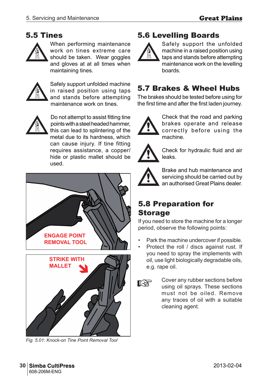 8 preparation for storage, 5 tines, 6 levelling boards | 7 brakes & wheel hubs | Great Plains Simba Culti Press Operator Manual User Manual | Page 30 / 38