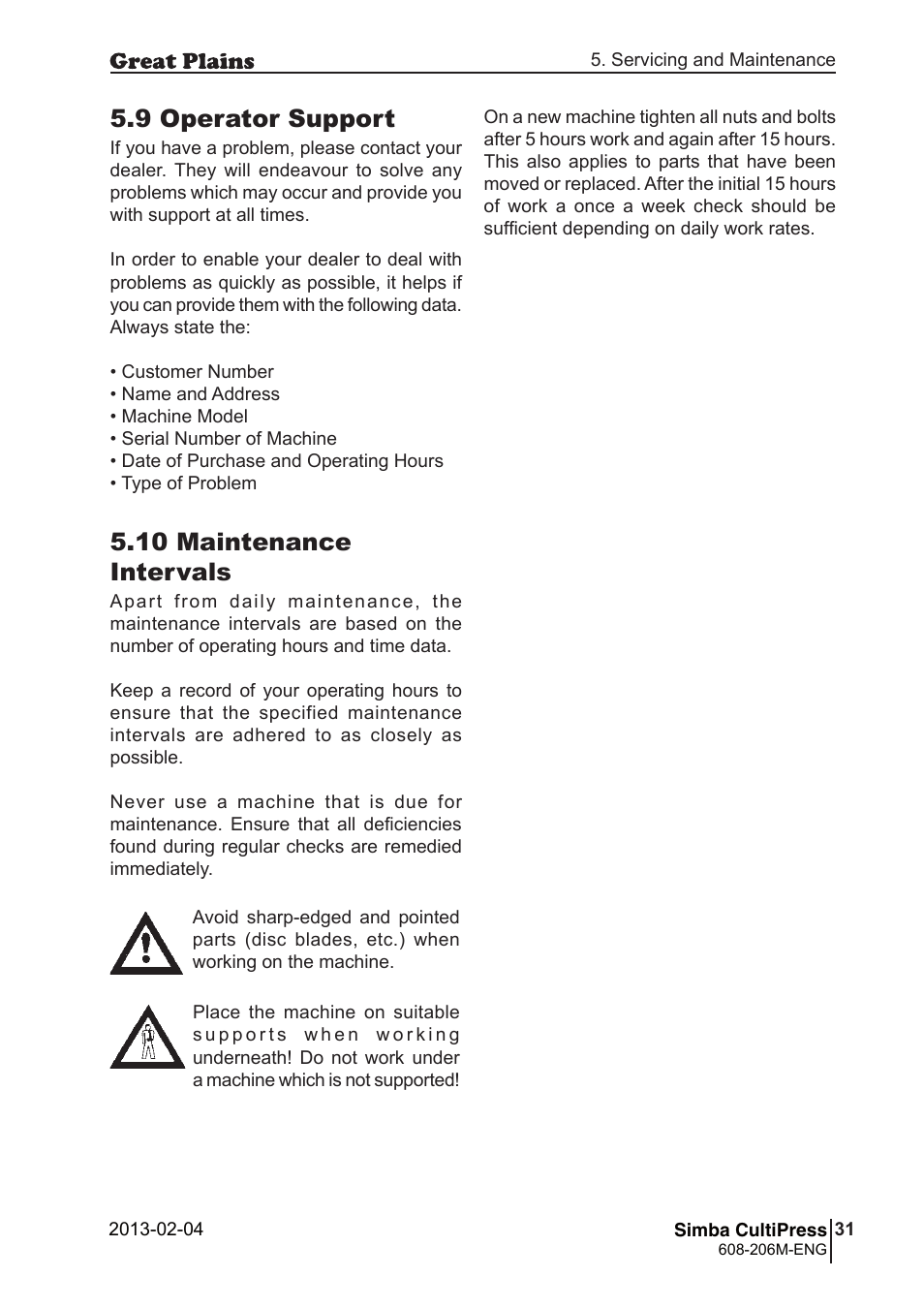 9 operator support, 10 maintenance intervals | Great Plains Simba Culti Press Operator Manual User Manual | Page 31 / 38