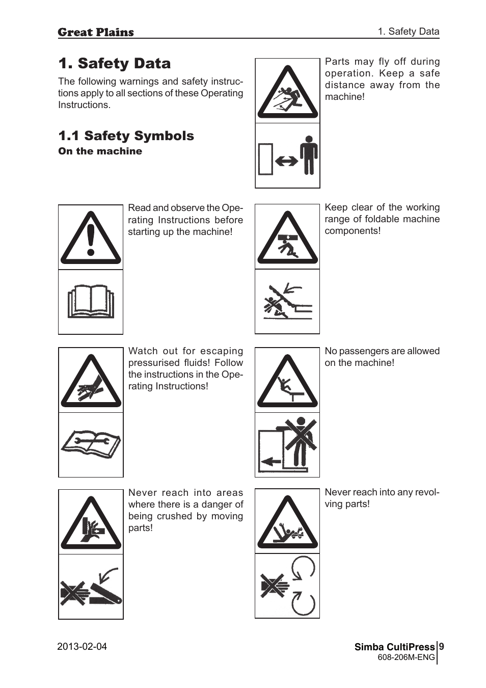 Safety data, 1 safety symbols | Great Plains Simba Culti Press Operator Manual User Manual | Page 9 / 38