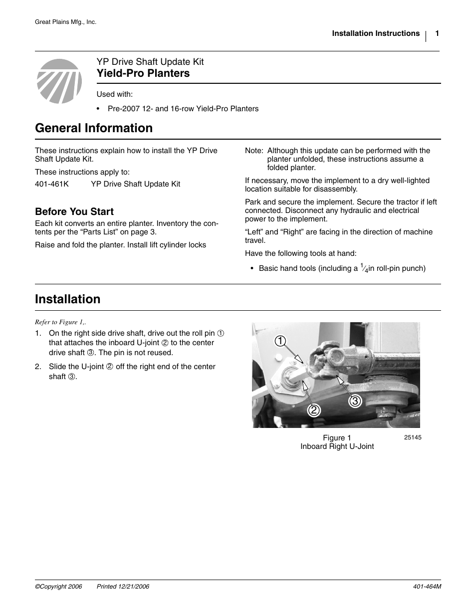 Great Plains YP Drive Shaft Update Kit User Manual | 3 pages
