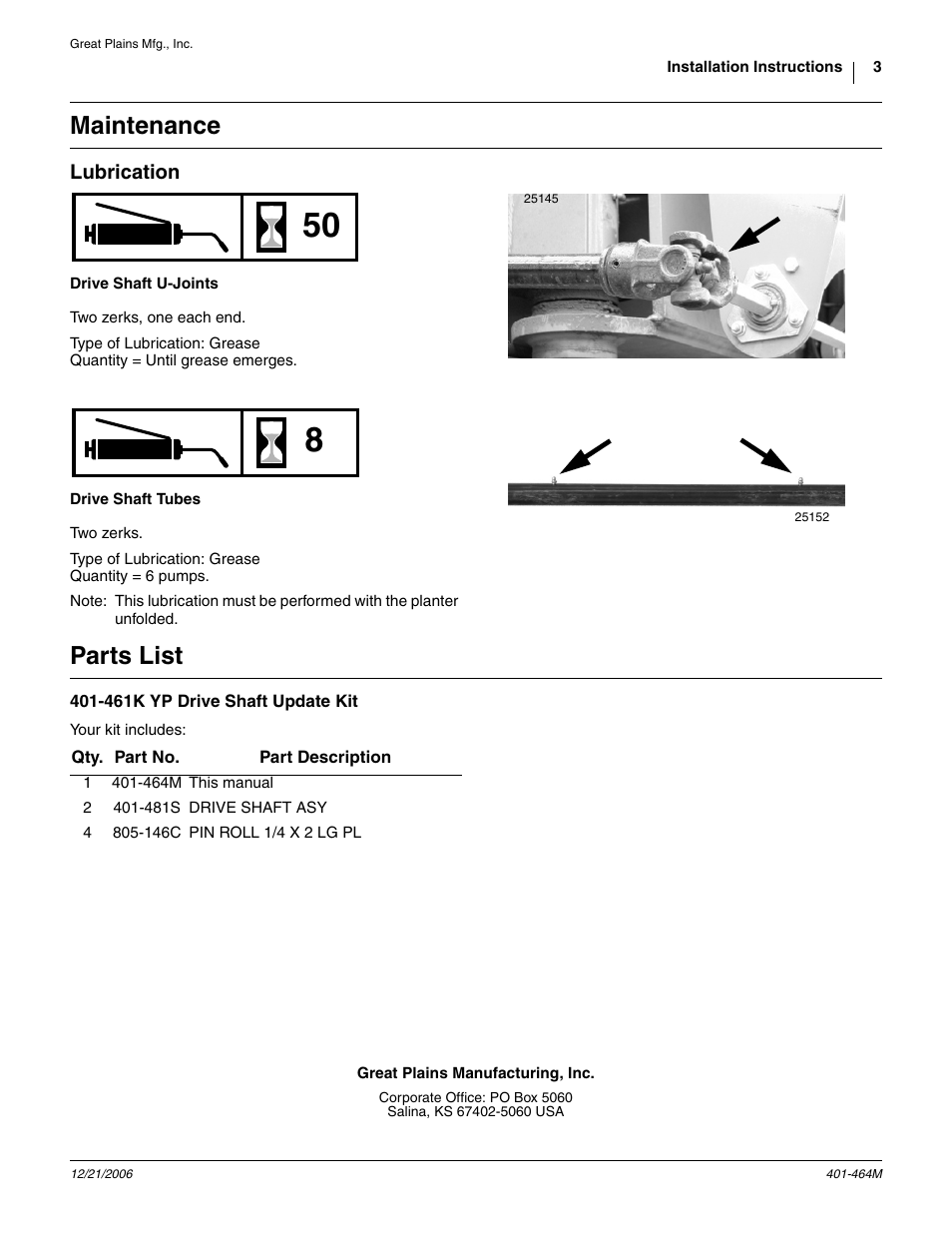 Maintenance, Lubrication, Parts list | 461k yp drive shaft update kit | Great Plains YP Drive Shaft Update Kit User Manual | Page 3 / 3