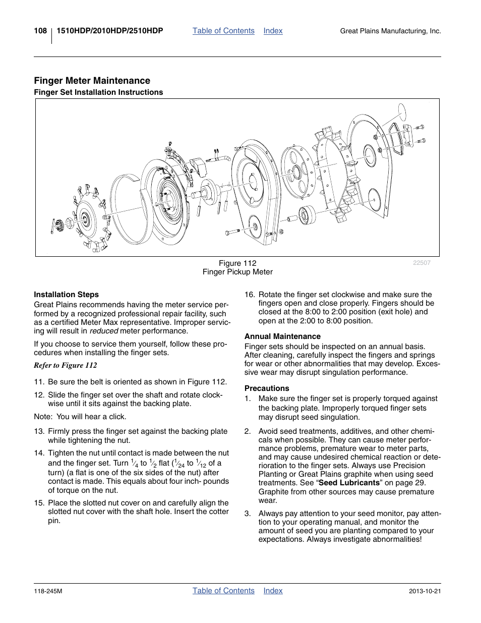 Finger meter maintenance, Finger set installation instructions, Installation steps | Annual maintenance, Precautions | Great Plains 2510HDP Operator Manual User Manual | Page 112 / 180