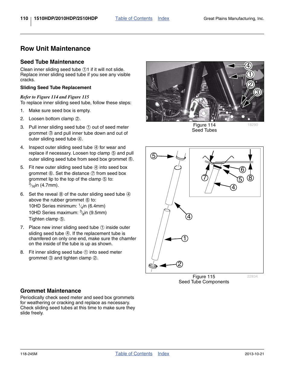 Row unit maintenance, Seed tube maintenance, Sliding seed tube replacement | Grommet maintenance | Great Plains 2510HDP Operator Manual User Manual | Page 114 / 180