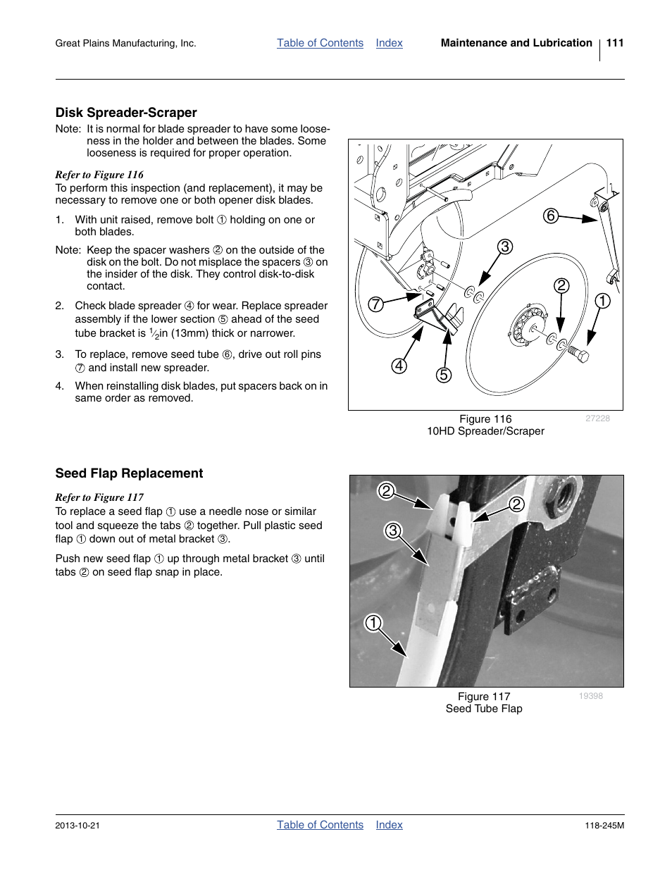 Disk spreader-scraper, Seed flap replacement, Disk spreader-scraper seed flap replacement | Great Plains 2510HDP Operator Manual User Manual | Page 115 / 180