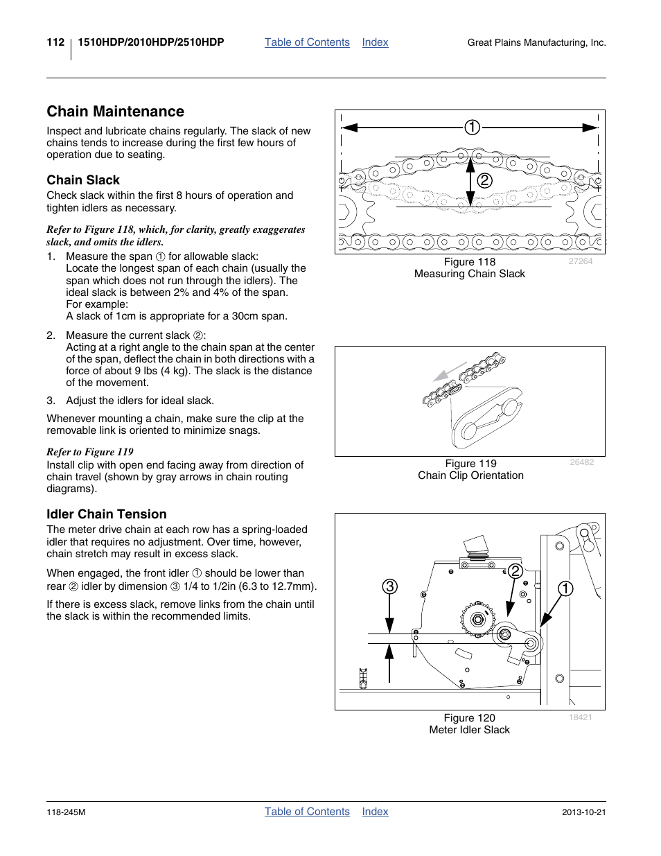 Chain maintenance, Chain slack, Idler chain tension | Chain slack idler chain tension | Great Plains 2510HDP Operator Manual User Manual | Page 116 / 180