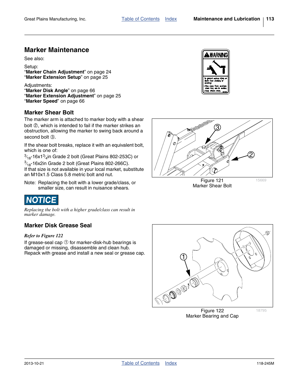 Marker maintenance, Marker shear bolt, Marker disk grease seal | Marker shear bolt marker disk grease seal | Great Plains 2510HDP Operator Manual User Manual | Page 117 / 180
