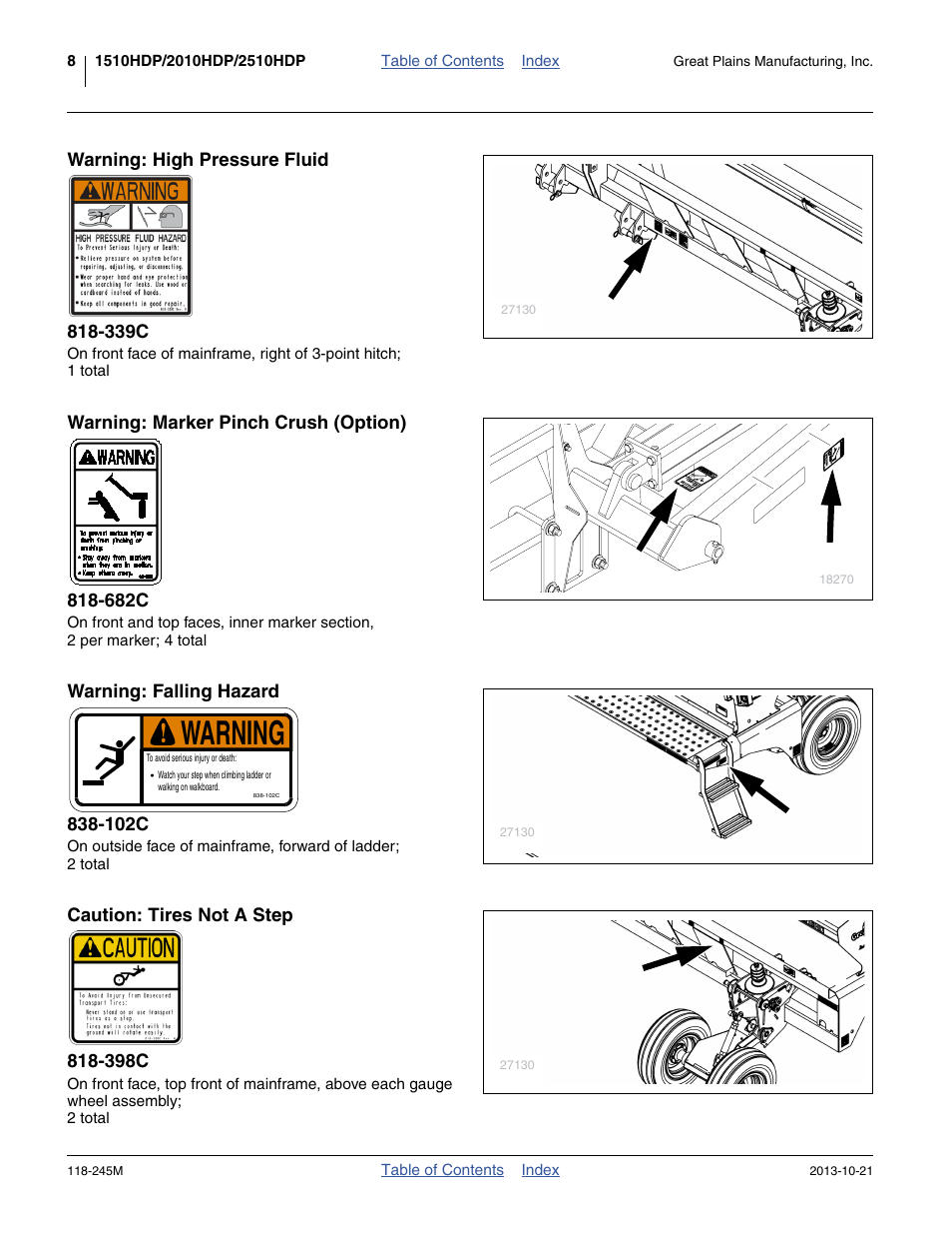 Warning: high pressure fluid 818-339c, Warning: marker pinch crush (option) 818-682c, Warning: falling hazard 838-102c | Caution: tires not a step 818-398c, Warning | Great Plains 2510HDP Operator Manual User Manual | Page 12 / 180