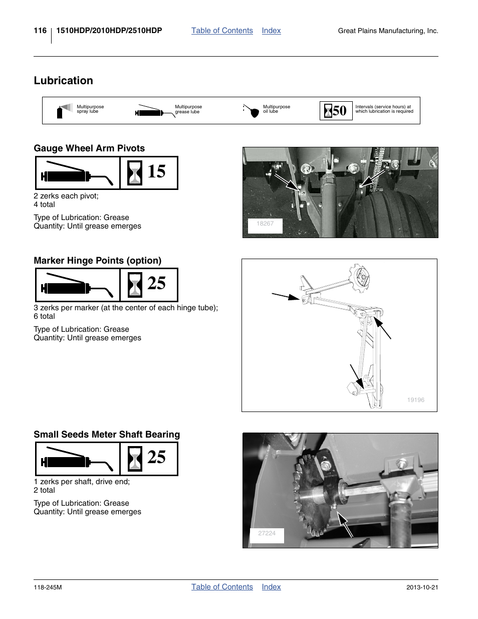 Lubrication, Gauge wheel arm pivots, Marker hinge points (option) | Small seeds meter shaft bearing | Great Plains 2510HDP Operator Manual User Manual | Page 120 / 180