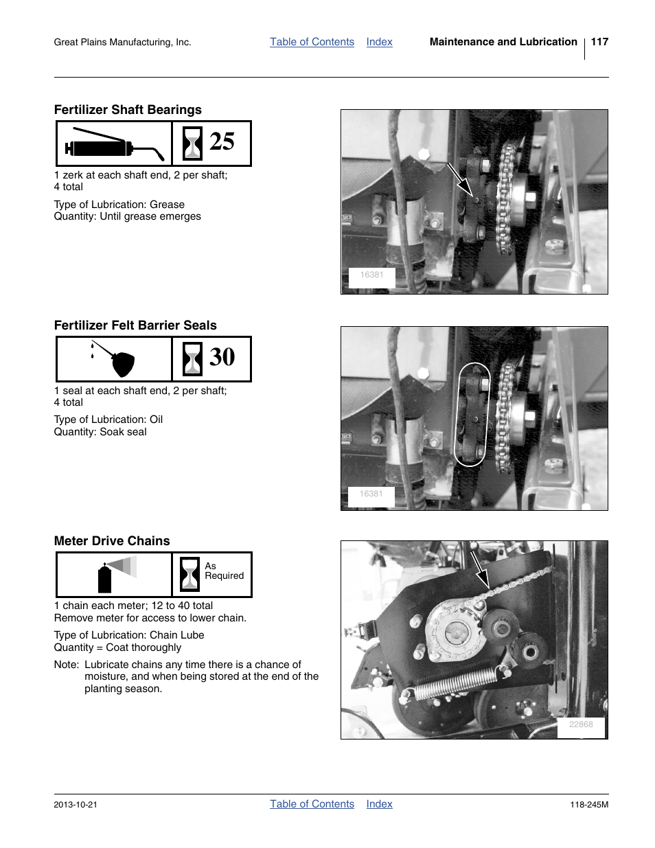 Fertilizer shaft bearings, Fertilizer felt barrier seals, Meter drive chains | Great Plains 2510HDP Operator Manual User Manual | Page 121 / 180