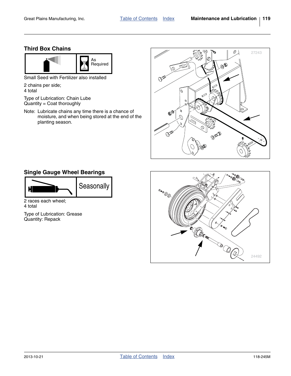 Third box chains, Single gauge wheel bearings, Seasonally | Great Plains 2510HDP Operator Manual User Manual | Page 123 / 180