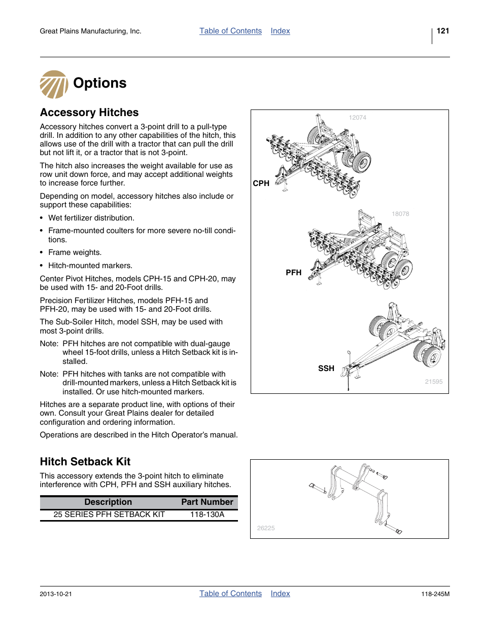 Options, Accessory hitches, Hitch setback kit | Options accessory hitches hitch setback kit | Great Plains 2510HDP Operator Manual User Manual | Page 125 / 180