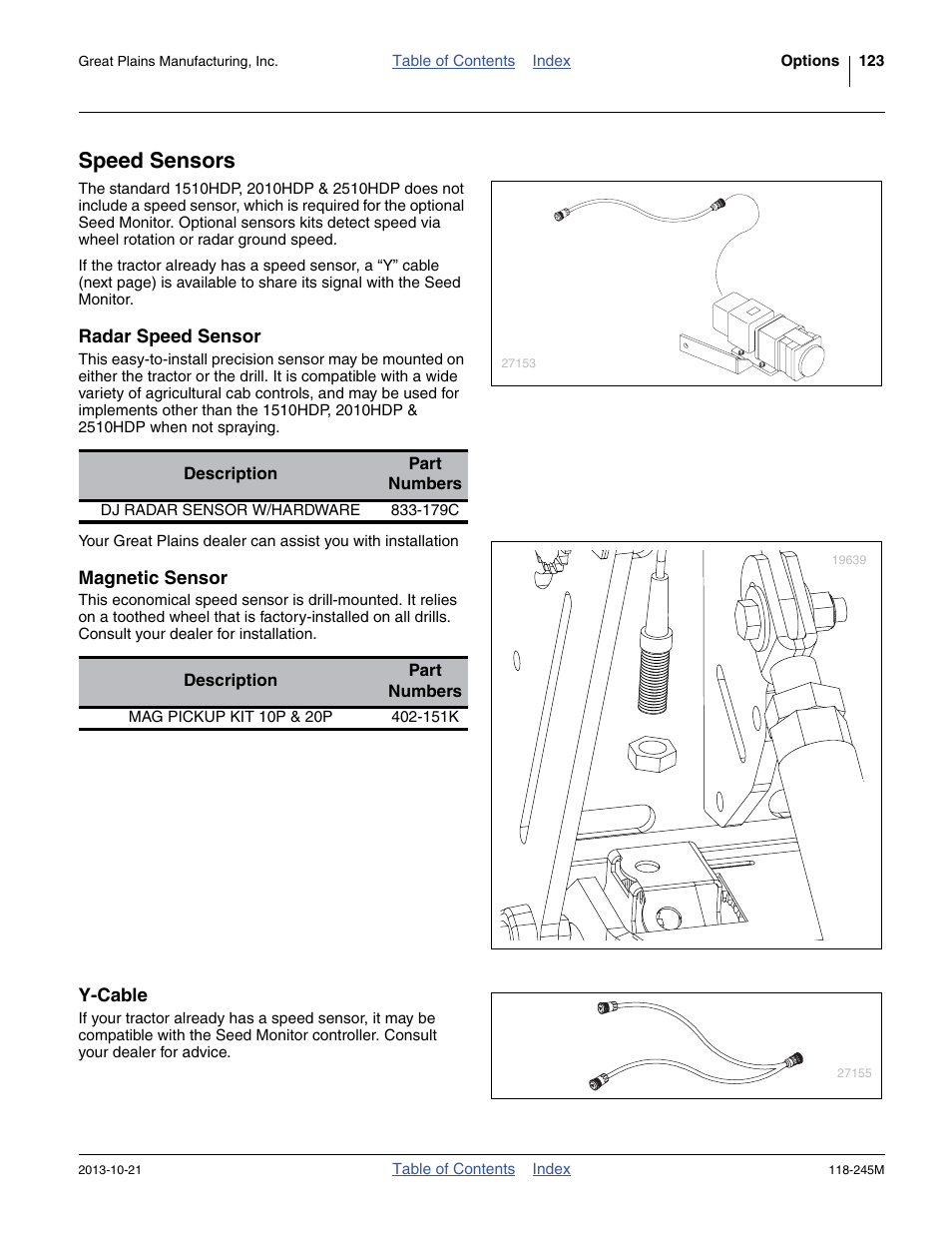 Speed sensors, Radar speed sensor, Magnetic sensor | Y-cable | Great Plains 2510HDP Operator Manual User Manual | Page 127 / 180