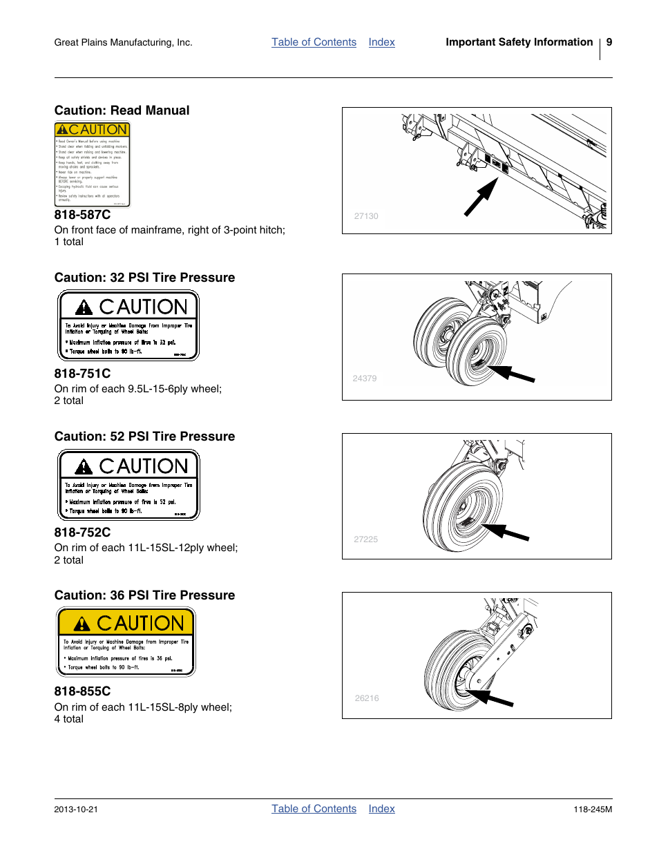 Caution: read manual 818-587c, Caution: 32 psi tire pressure 818-751c, Caution: 52 psi tire pressure 818-752c | Caution: 36 psi tire pressure 818-855c | Great Plains 2510HDP Operator Manual User Manual | Page 13 / 180
