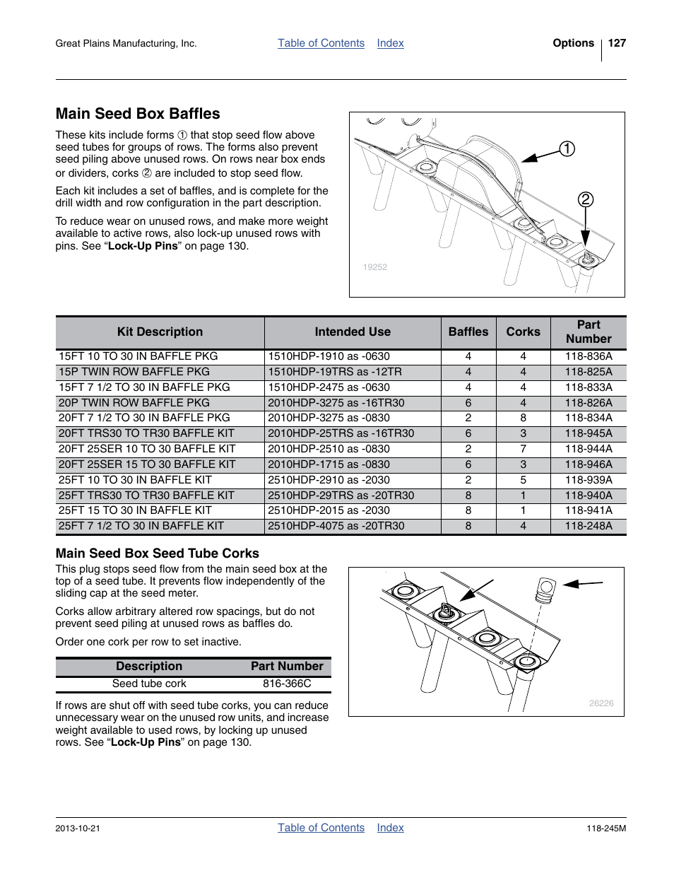 Main seed box baffles, Main seed box seed tube corks | Great Plains 2510HDP Operator Manual User Manual | Page 131 / 180
