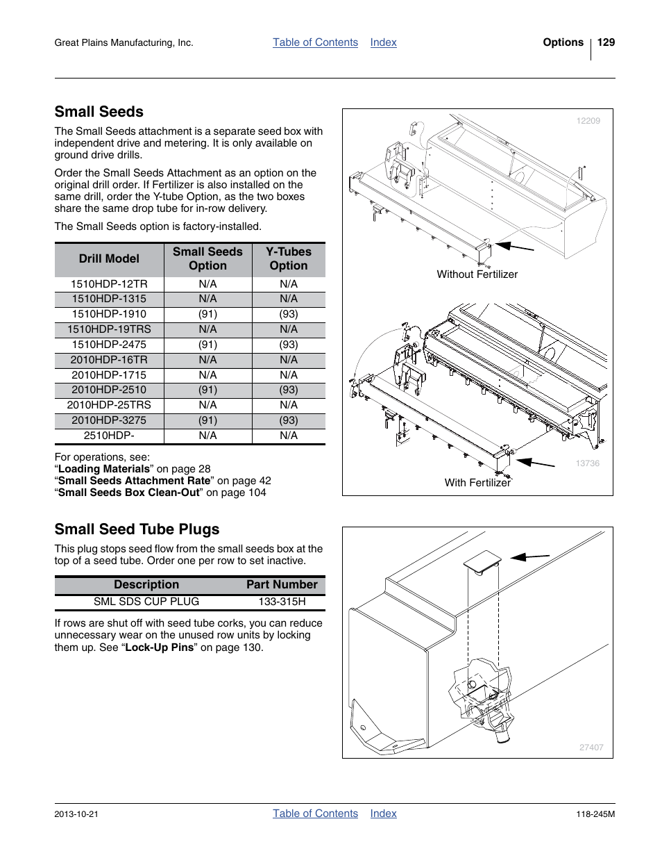 Small seeds, Small seed tube plugs, Small seeds small seed tube plugs | Great Plains 2510HDP Operator Manual User Manual | Page 133 / 180