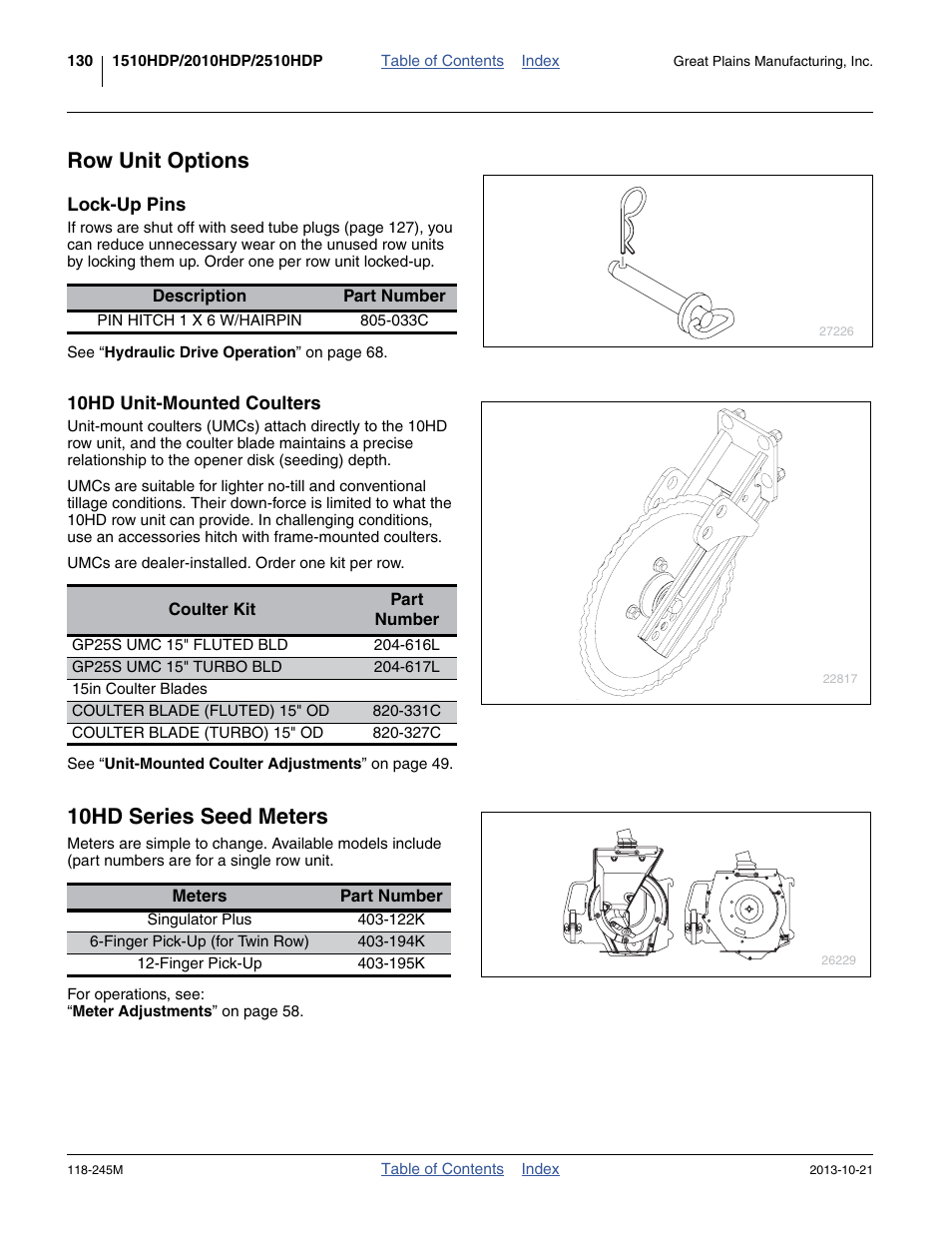 Row unit options, Lock-up pins, 10hd unit-mounted coulters | 10hd series seed meters, Row unit options 10hd series seed meters | Great Plains 2510HDP Operator Manual User Manual | Page 134 / 180