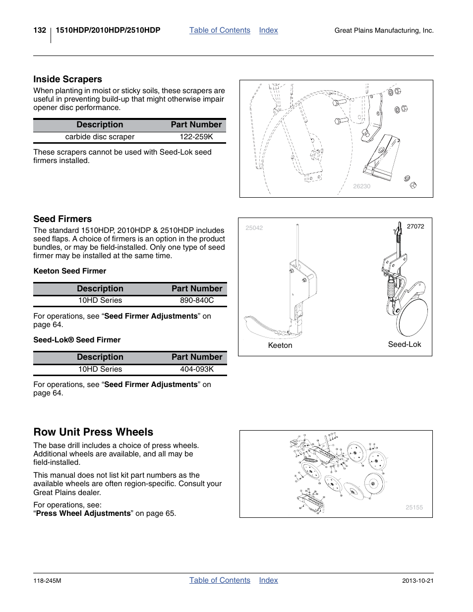 Inside scrapers, Seed firmers, Keeton seed firmer | Seed-lok® seed firmer, Row unit press wheels | Great Plains 2510HDP Operator Manual User Manual | Page 136 / 180