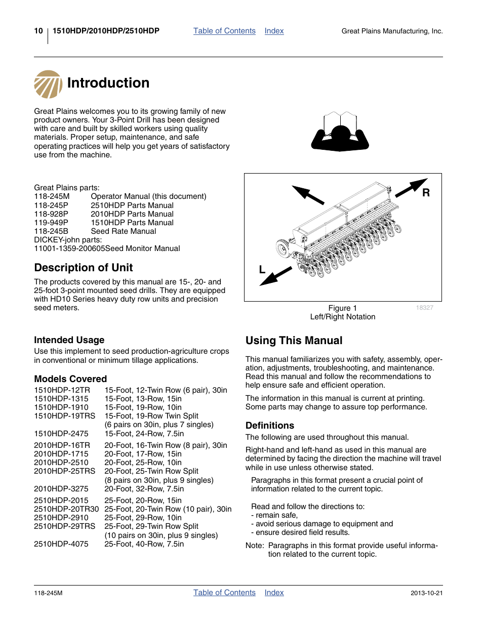 Introduction, Document family, Description of unit | Intended usage, Models covered, Using this manual, Introduction document family description of unit, Intended usage models covered | Great Plains 2510HDP Operator Manual User Manual | Page 14 / 180