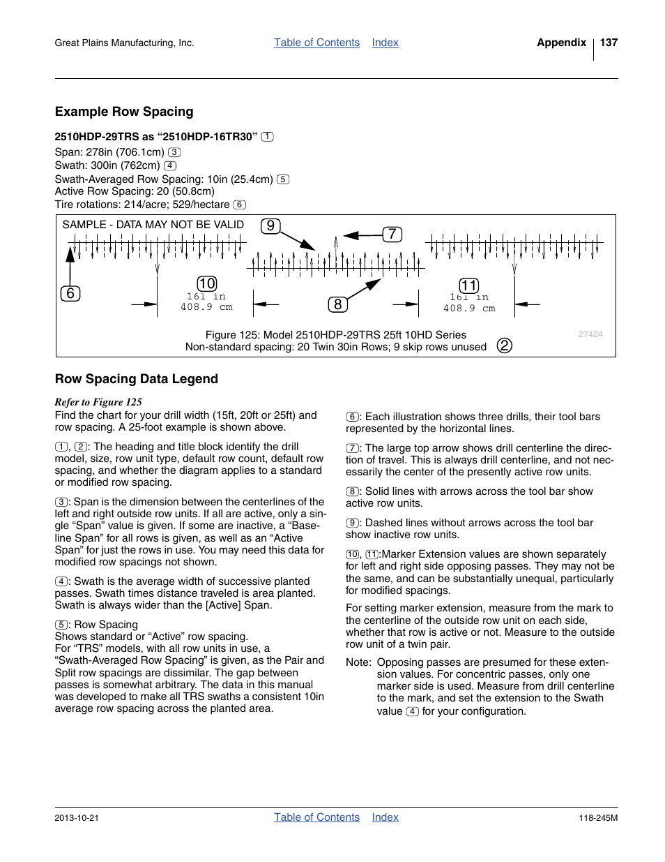 Example row spacing, 2510hdp-29trs as “2510hdp-16tr30, Row spacing data legend | Great Plains 2510HDP Operator Manual User Manual | Page 141 / 180