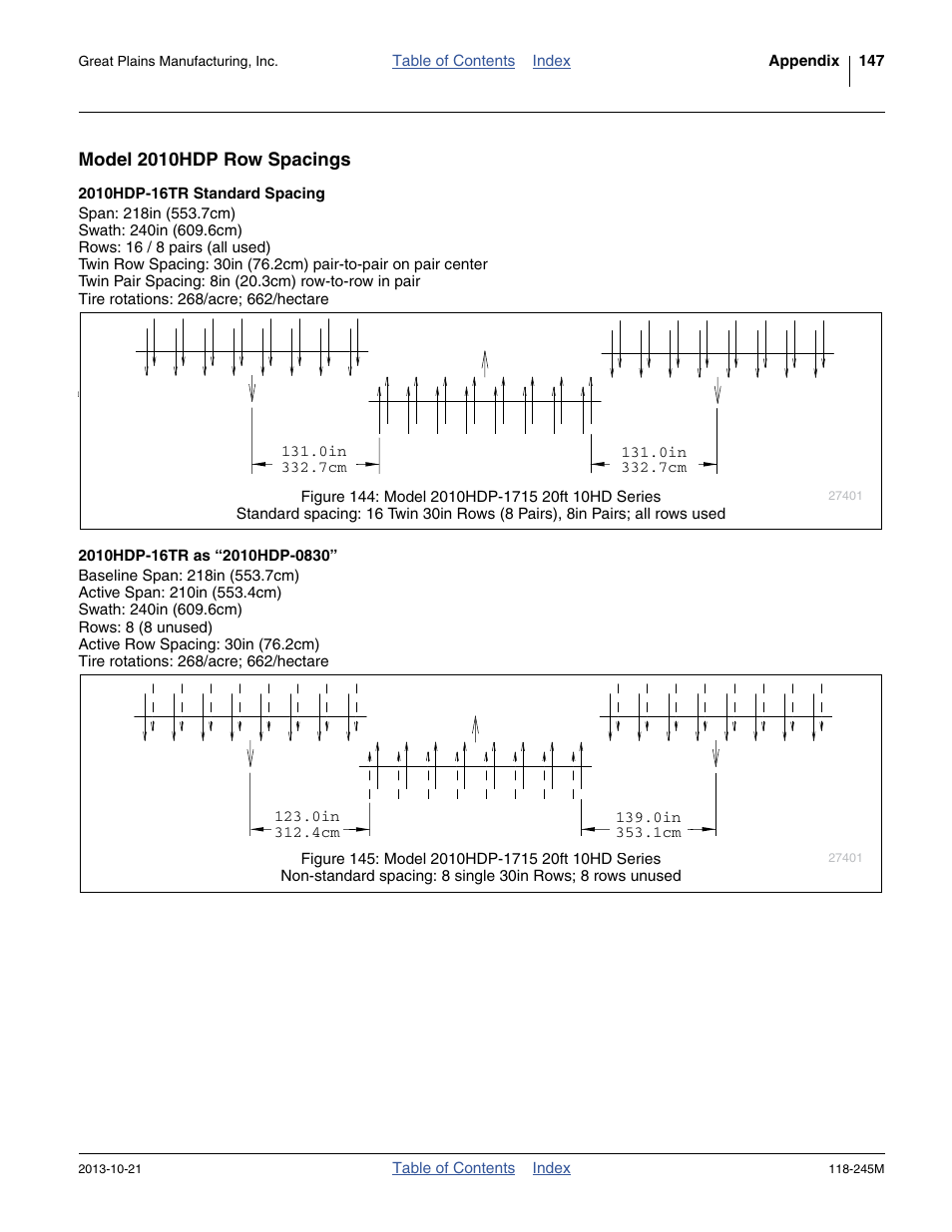 Model 2010hdp row spacings, 2010hdp-16tr standard spacing, 2010hdp-16tr as “2010hdp-0830 | Great Plains 2510HDP Operator Manual User Manual | Page 151 / 180