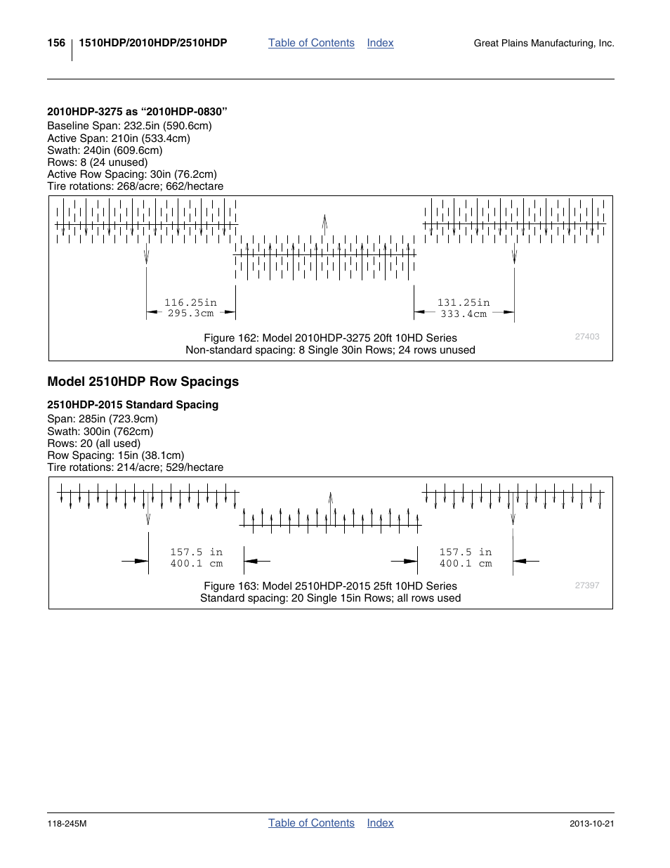 2010hdp-3275 as “2010hdp-0830, Model 2510hdp row spacings, 2510hdp-2015 standard spacing | Great Plains 2510HDP Operator Manual User Manual | Page 160 / 180