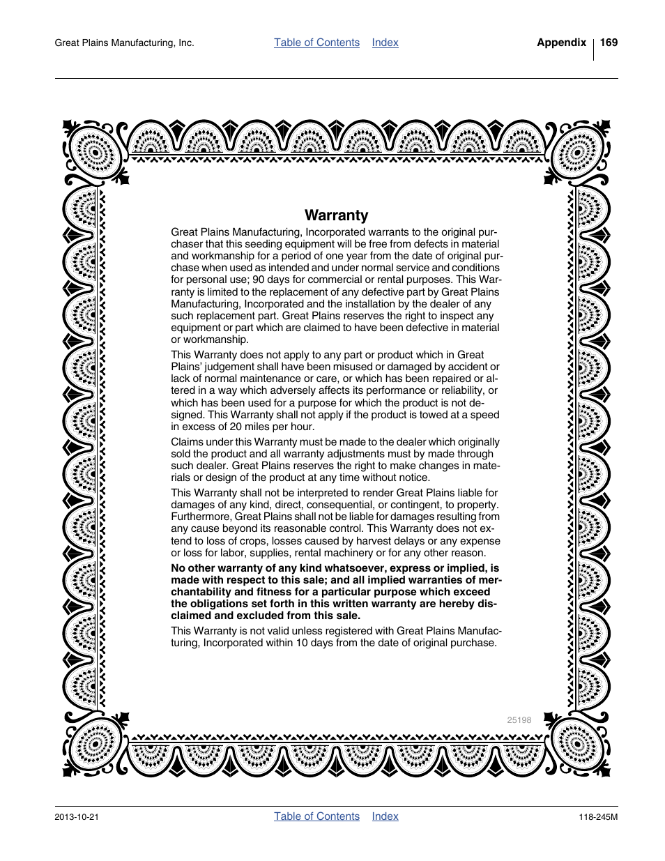 Warranty | Great Plains 2510HDP Operator Manual User Manual | Page 173 / 180