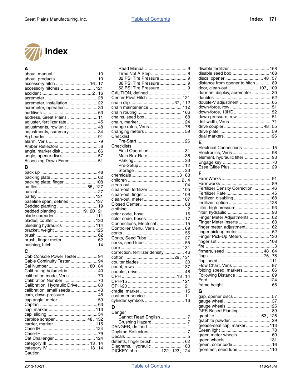Index | Great Plains 2510HDP Operator Manual User Manual | Page 175 / 180