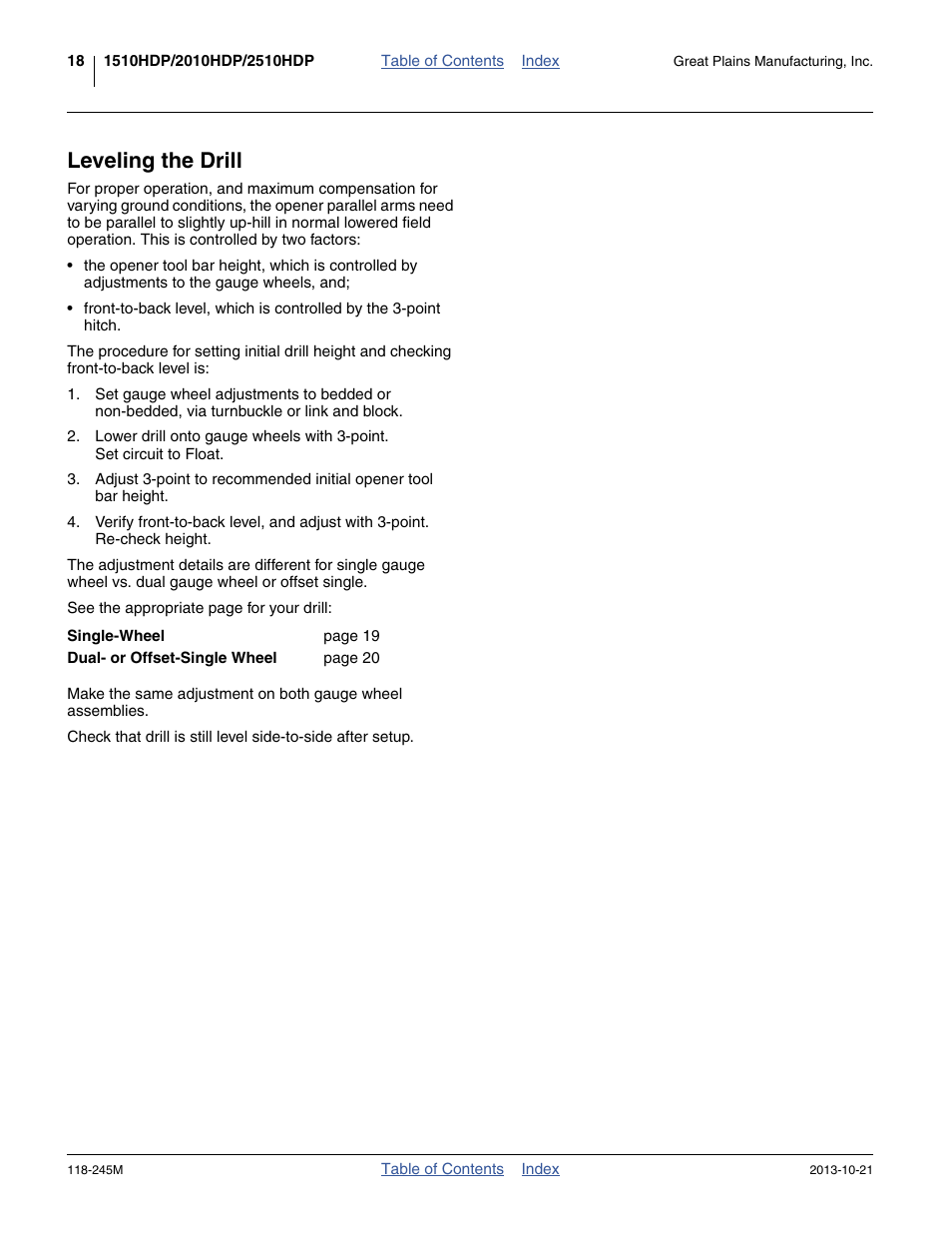 Leveling the drill | Great Plains 2510HDP Operator Manual User Manual | Page 22 / 180