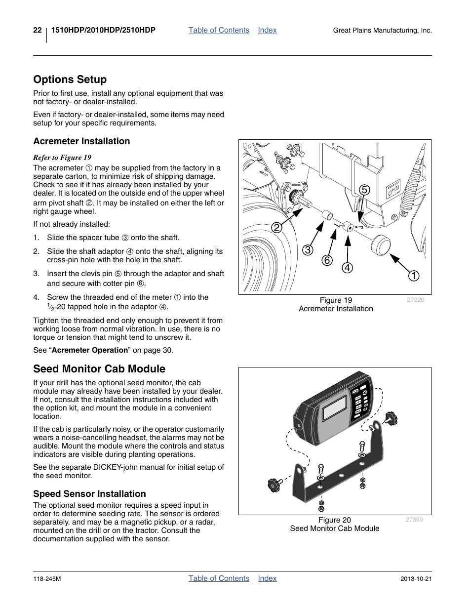 Options setup, Acremeter installation, Seed monitor cab module | Speed sensor installation | Great Plains 2510HDP Operator Manual User Manual | Page 26 / 180