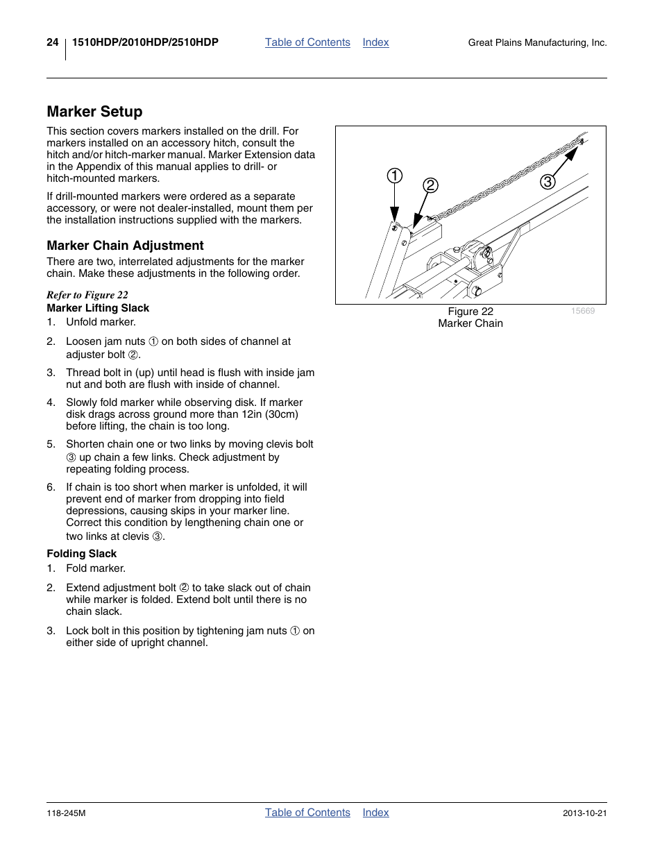 Marker setup, Marker chain adjustment, Marker lifting slack | Folding slack, Marker lifting slack folding slack | Great Plains 2510HDP Operator Manual User Manual | Page 28 / 180