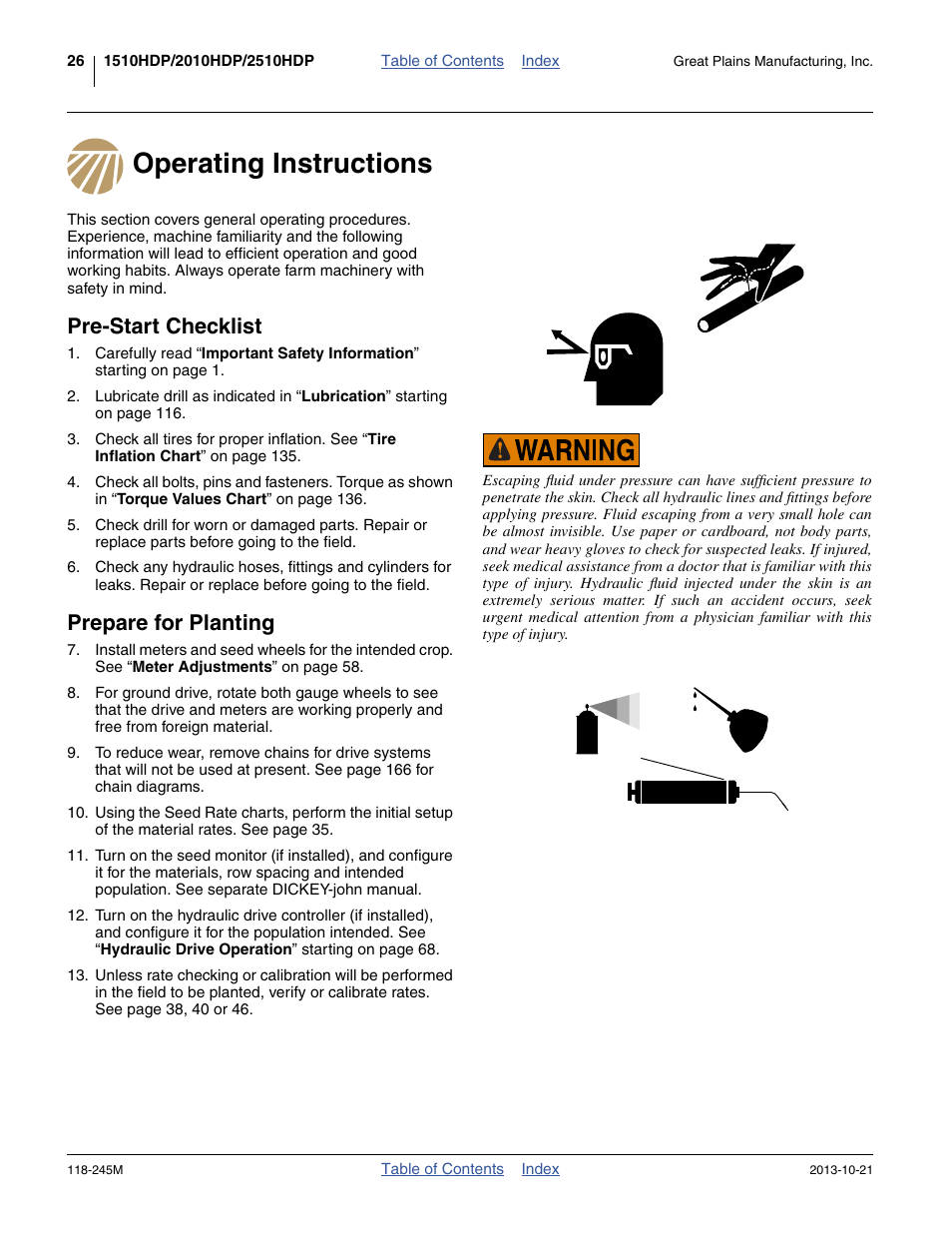 Operating instructions, Pre-start checklist, Prepare for planting | Great Plains 2510HDP Operator Manual User Manual | Page 30 / 180