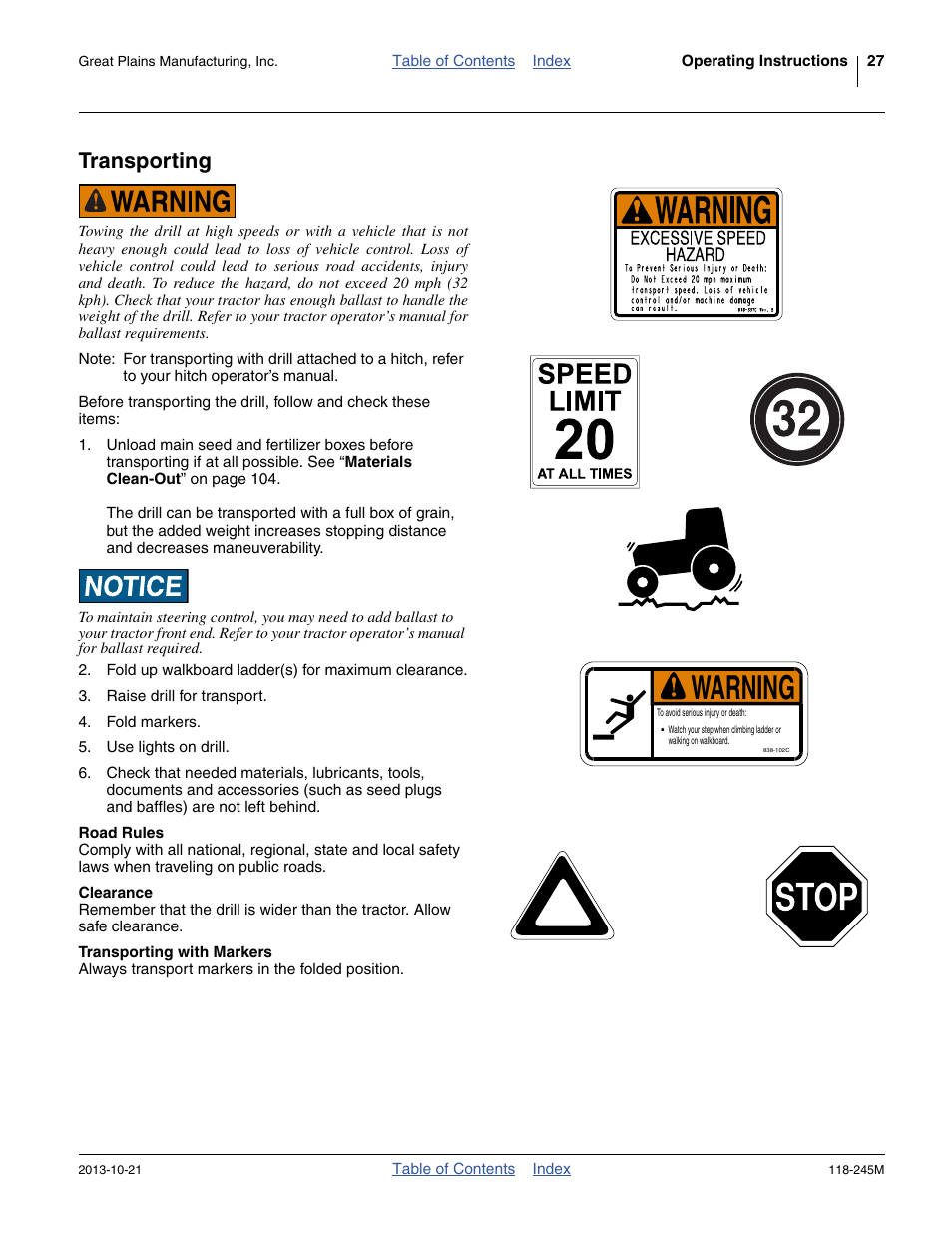 Transporting, Warning | Great Plains 2510HDP Operator Manual User Manual | Page 31 / 180