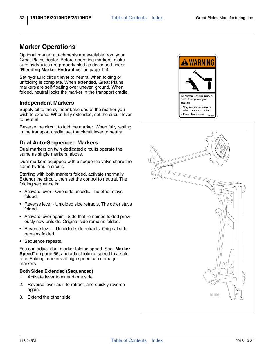 Marker operations, Independent markers, Dual auto-sequenced markers | Both sides extended (sequenced), Independent markers dual auto-sequenced markers | Great Plains 2510HDP Operator Manual User Manual | Page 36 / 180