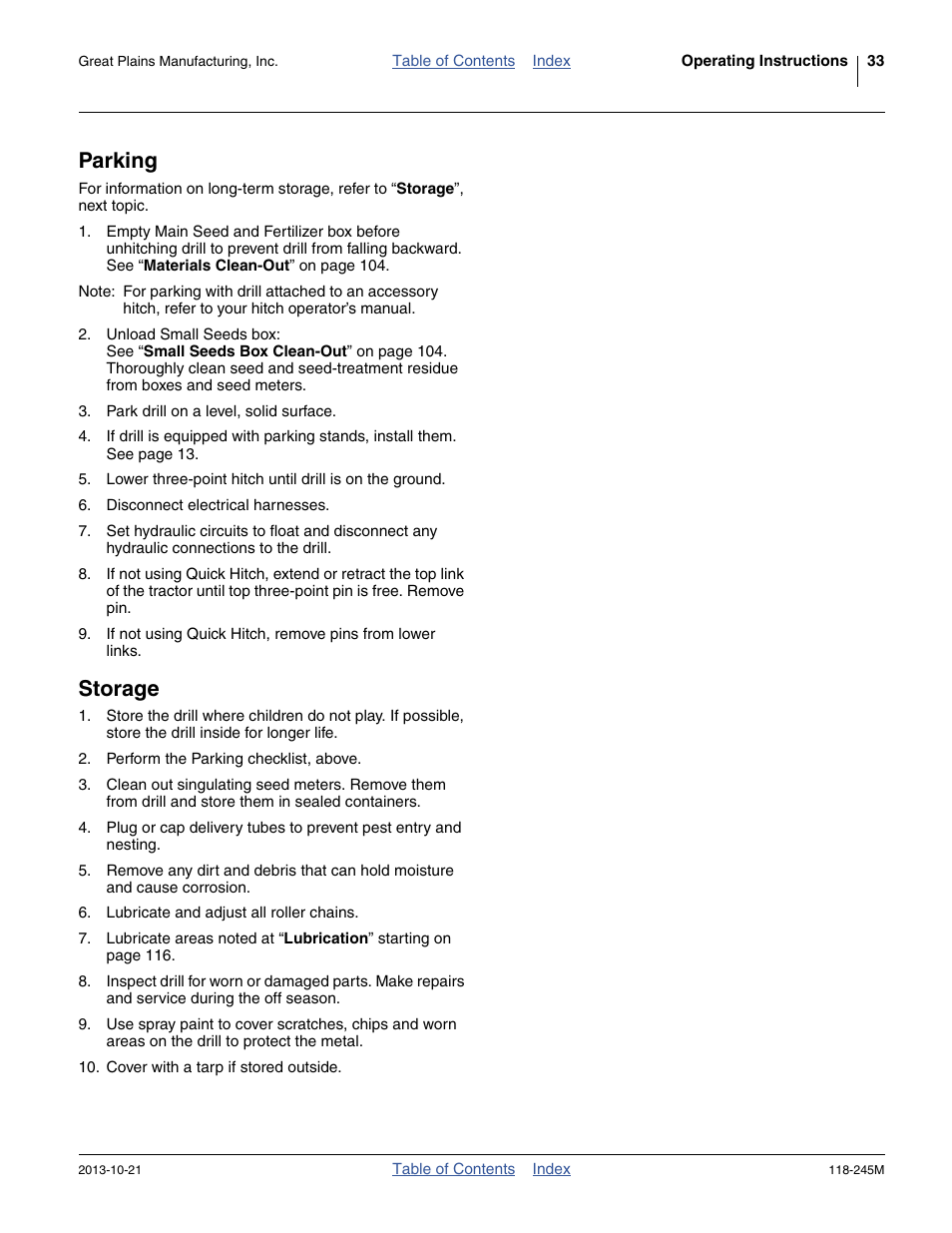 Parking, Storage, Parking storage | Great Plains 2510HDP Operator Manual User Manual | Page 37 / 180