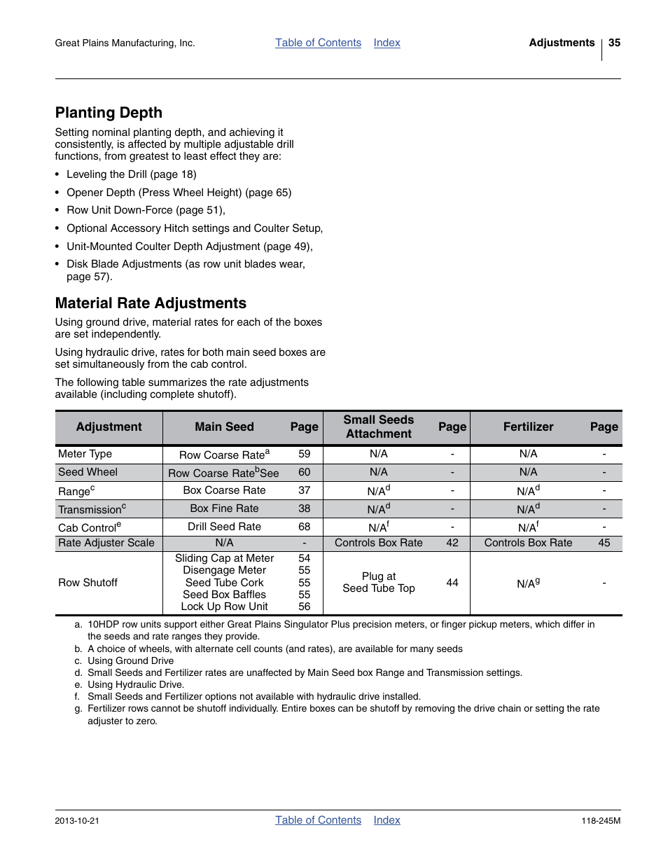 Planting depth, Material rate adjustments, Planting depth material rate adjustments | Great Plains 2510HDP Operator Manual User Manual | Page 39 / 180