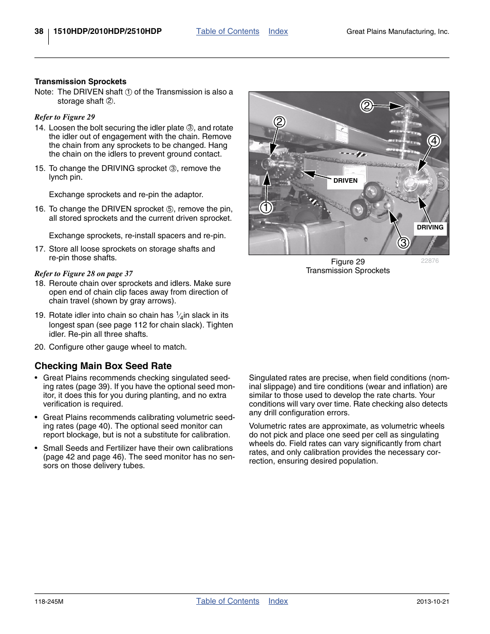 Transmission sprockets, Checking main box seed rate | Great Plains 2510HDP Operator Manual User Manual | Page 42 / 180