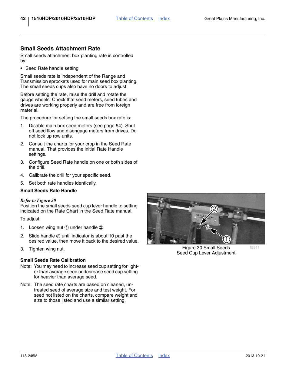 Small seeds attachment rate, Small seeds rate handle, Small seeds rate calibration | Great Plains 2510HDP Operator Manual User Manual | Page 46 / 180