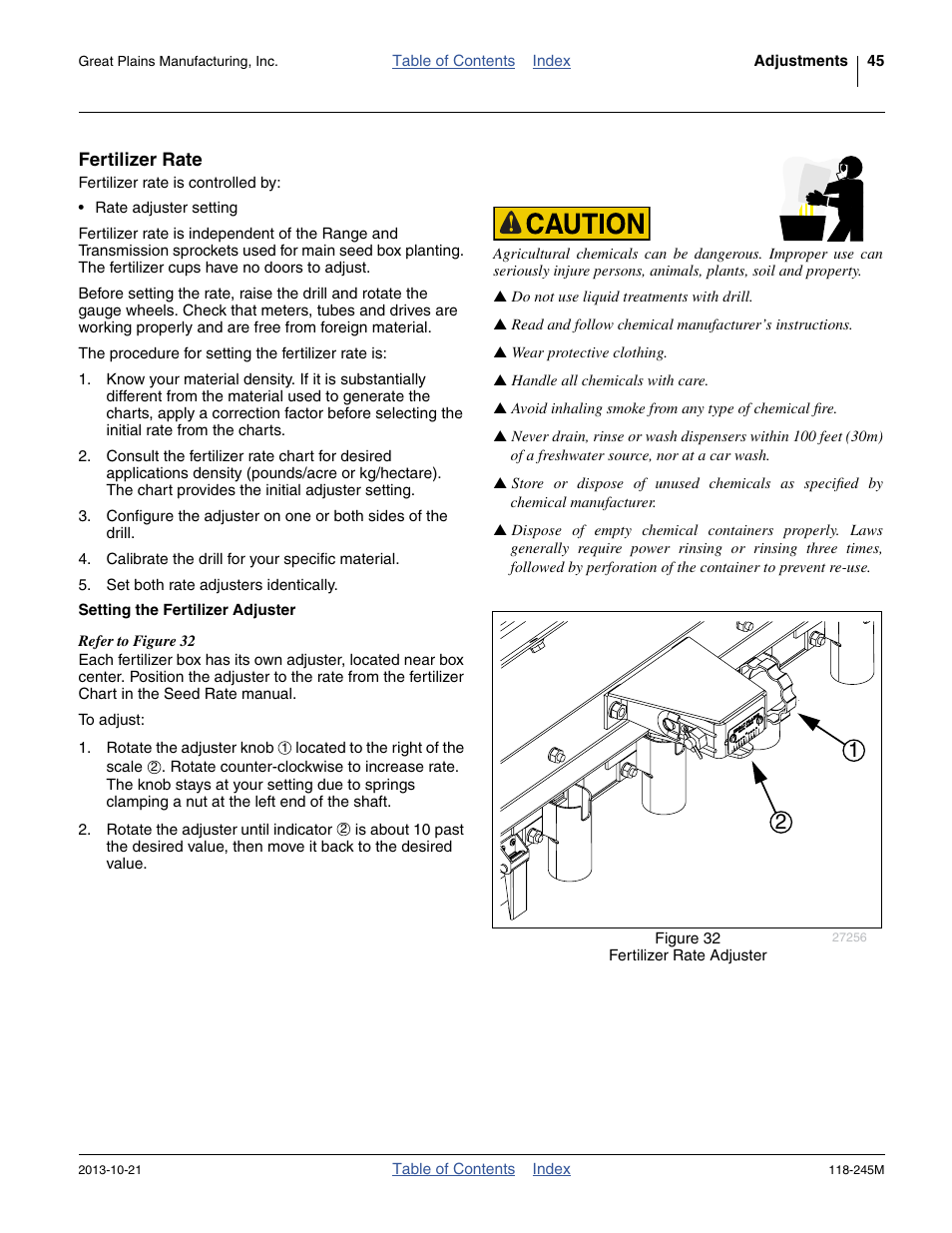 Fertilizer rate, Setting the fertilizer adjuster | Great Plains 2510HDP Operator Manual User Manual | Page 49 / 180