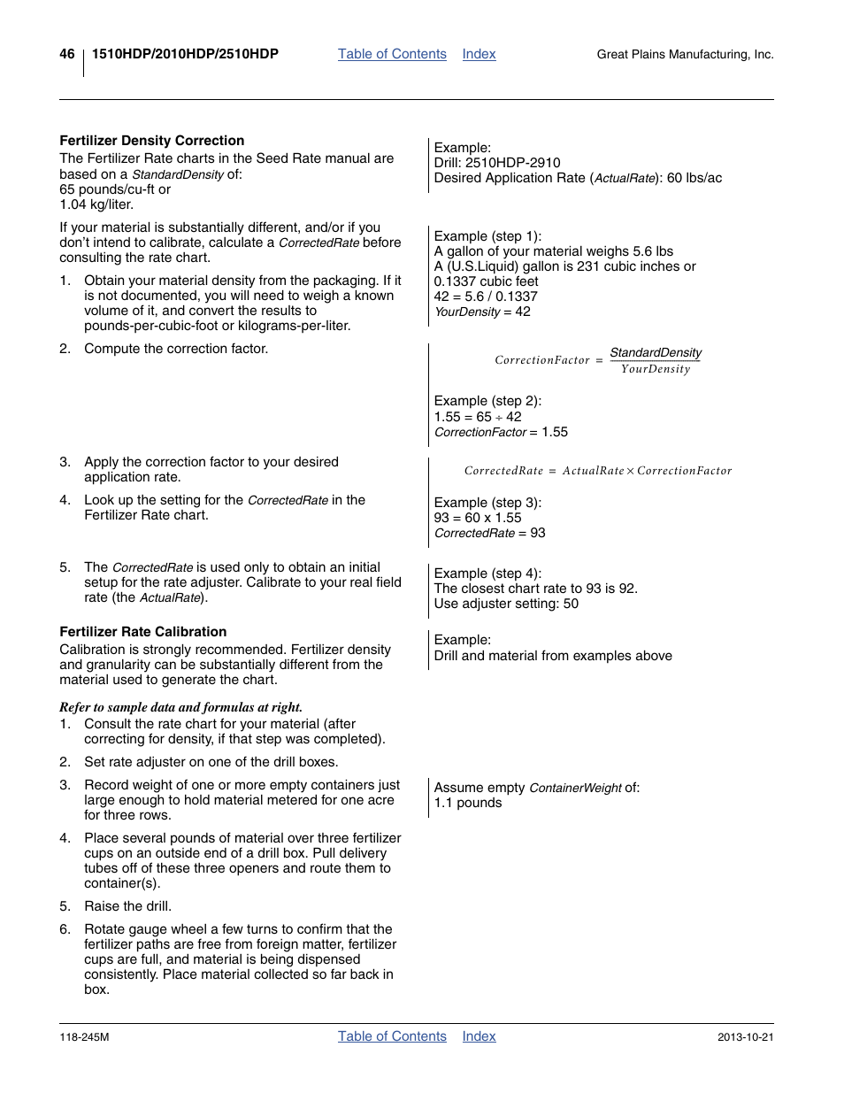 Fertilizer density correction, Fertilizer rate calibration, 46). the seed monitor has no sen | Great Plains 2510HDP Operator Manual User Manual | Page 50 / 180