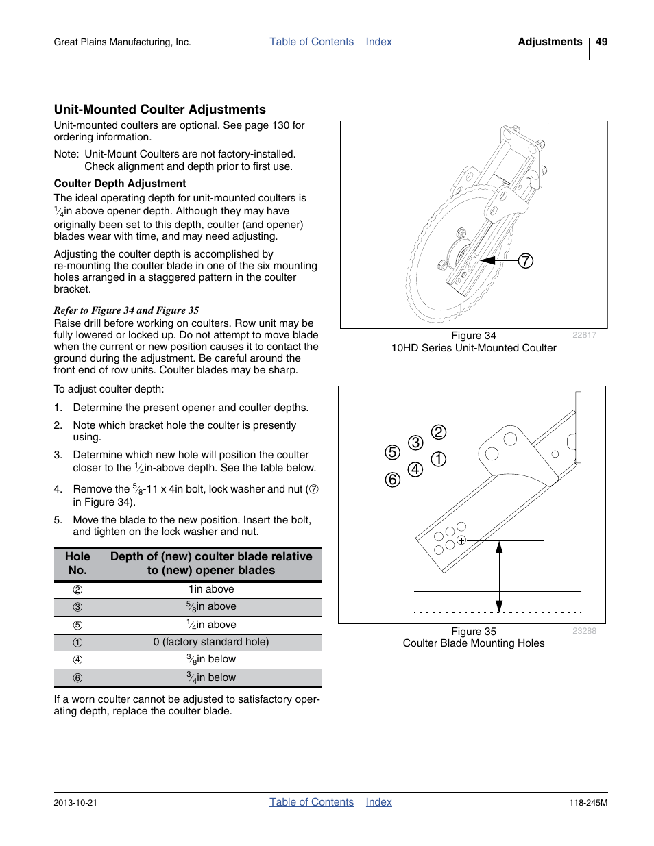 Unit-mounted coulter adjustments, Coulter depth adjustment | Great Plains 2510HDP Operator Manual User Manual | Page 53 / 180