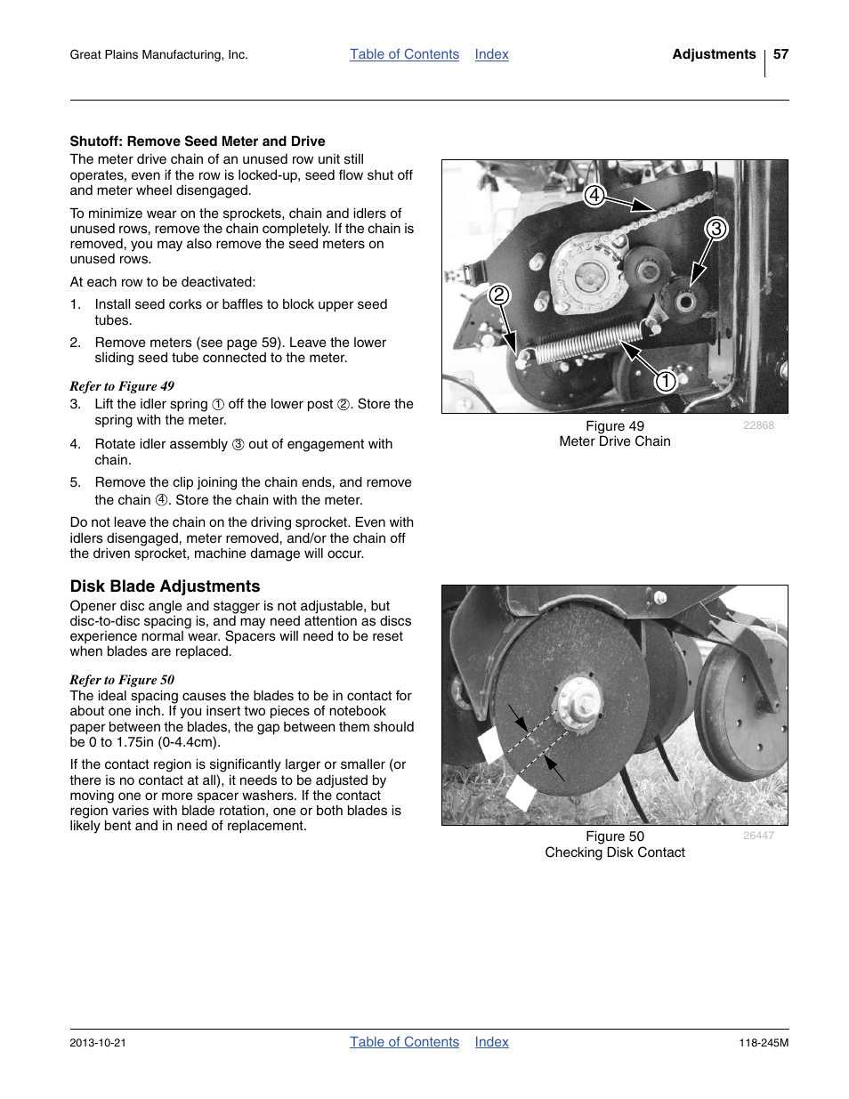 Shutoff: remove seed meter and drive, Disk blade adjustments, Disk blade adjustments (as ro | Great Plains 2510HDP Operator Manual User Manual | Page 61 / 180