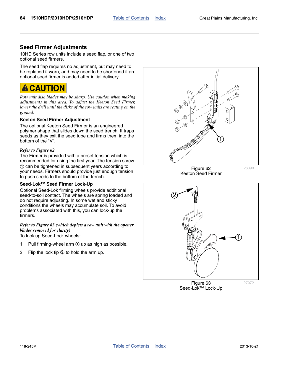 Seed firmer adjustments, Keeton seed firmer adjustment, Seed-lok™ seed firmer lock-up | Great Plains 2510HDP Operator Manual User Manual | Page 68 / 180